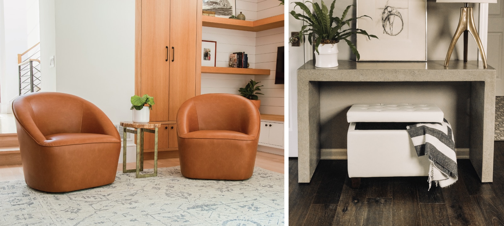 Brown Barrel Swivel Chairs (left) and Storage Ottoman (right)